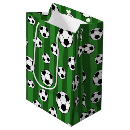 Kids Soccer Ball Pattern on Green Stripes Birthday Medium Gift Bag