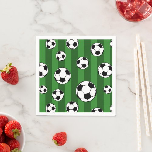 Kids Soccer Ball Pattern on Green Stripes Birthday Napkins