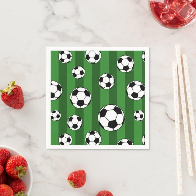 Kids Soccer Ball Pattern on Green Stripes Birthday Napkins (Insitu)