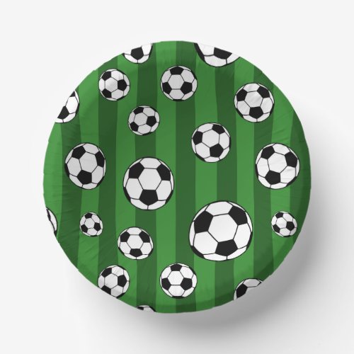 Kids Soccer Ball Pattern on Green Stripes Birthday Paper Bowls
