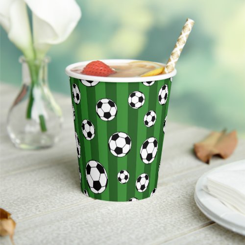 Kids Soccer Ball Pattern on Green Stripes Birthday Paper Cups
