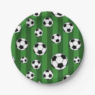 Kids Soccer Ball Pattern on Green Stripes Birthday Paper Plates