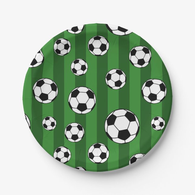 Kids Soccer Ball Pattern on Green Stripes Birthday Paper Plates (Front)