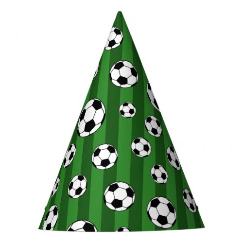 Kids Soccer Ball Pattern on Green Stripes Birthday Party Hat