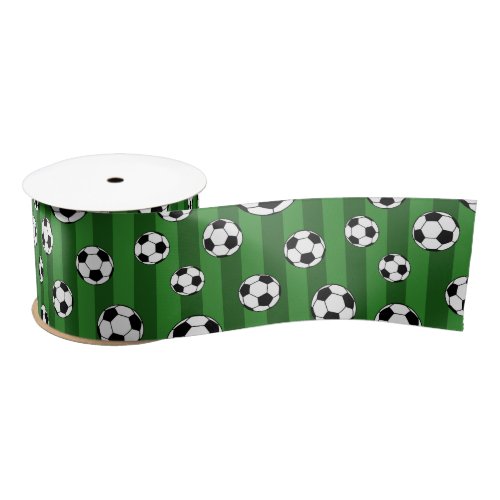 Kids Soccer Ball Pattern on Green Stripes Birthday Satin Ribbon