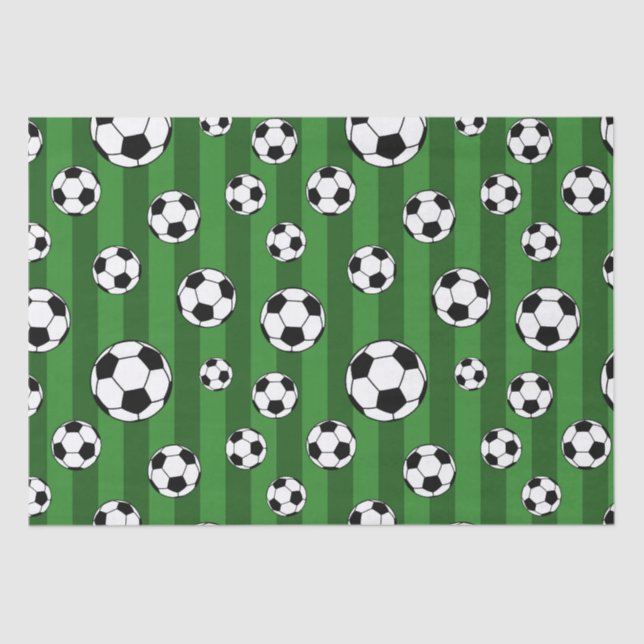 Kids Soccer Ball Pattern on Green Stripes Birthday Tissue Paper (Front)