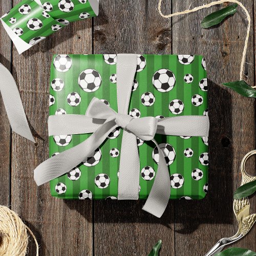 Kids Soccer Ball Pattern on Green Stripes Birthday Wrapping Paper