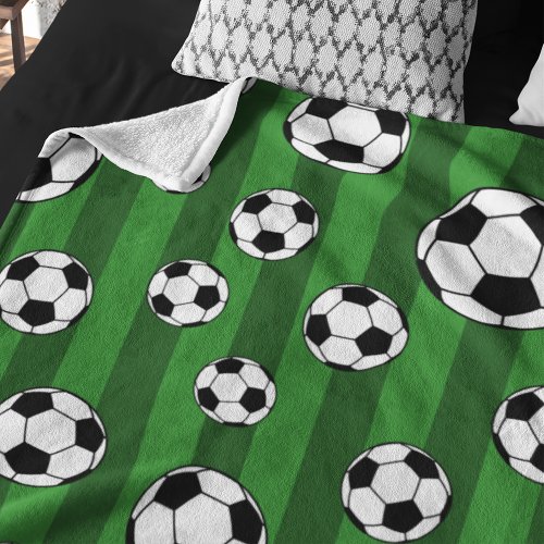 Kids Soccer Ball Pattern on Green Stripes Fleece Blanket