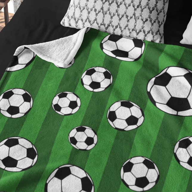 Kids Soccer Ball Pattern on Green Stripes Fleece Blanket (Creator Uploaded)