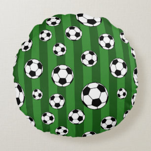 Kids Soccer Ball Pattern on Green Stripes Round Pillow