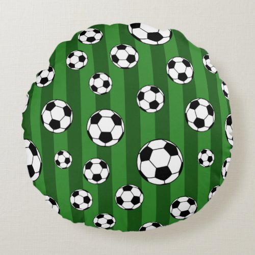 Kids Soccer Ball Pattern on Green Stripes Round Pillow