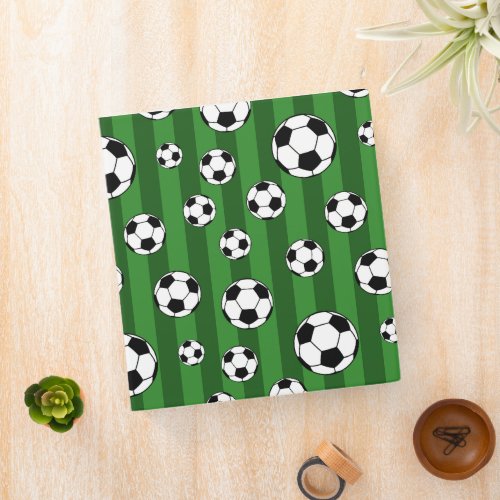 Kids Soccer Ball Pattern on Green Stripes School 3 Ring Binder