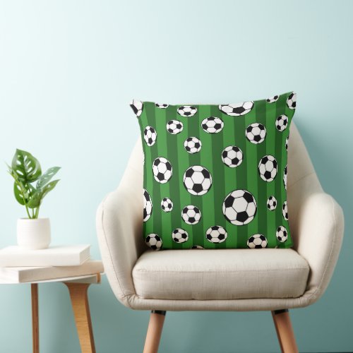 Kids Soccer Ball Pattern on Green Stripes Throw Pillow