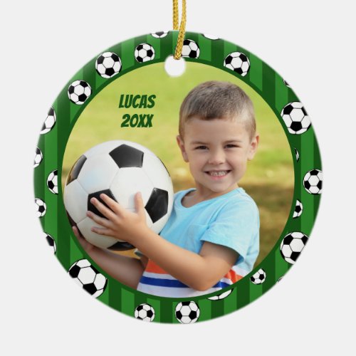 Kids Soccer Ball Pattern Two Photo Christmas Ceramic Ornament