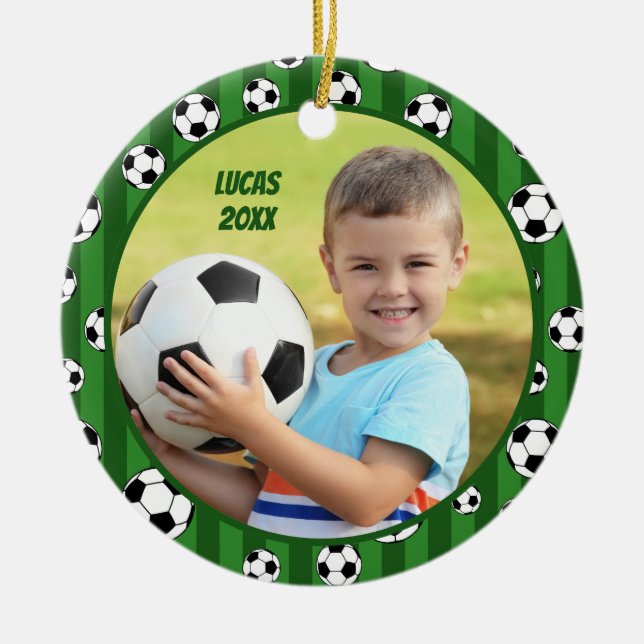Kids Soccer Ball Pattern Two Photo Christmas Ceramic Ornament (Front)