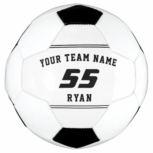 Kids Soccer Ball with Team, Name, Number - Custom Soccer Ball with Team, Name, Number, for a Soccer - Football Player. The design is black and white and the text is black on a white background. Personalize the soccer ball with the team name, team number and player`s name. Great for a soccer player, soccer lover, as a gift or a keepsake ball.