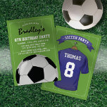 Kids Soccer Birthday Party | Blue Jersey Invitation<br><div class="desc">Soccer theme birthday party invitations featuring a green football pitch background,  a blue sports shirt with your name and number,  a soccer ball,  and a modern party template.</div>