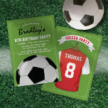 Kids Soccer Birthday Party | Red White Jersey Invitation<br><div class="desc">Soccer theme birthday party invitations featuring a green football pitch background,  a red & white sports shirt with your name and number,  a soccer ball,  and a modern party template.</div>