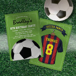 Kids Soccer Burgundy Blue Birthday Party Invitation<br><div class="desc">Soccer theme birthday party invitations featuring a green football pitch background,  a burgundy & blue striped sports shirt with your name and number,  a soccer ball,  and a modern party template.</div>