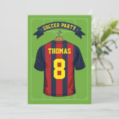 Kids Soccer Burgundy Blue Birthday Party Invitation (Standing Front)