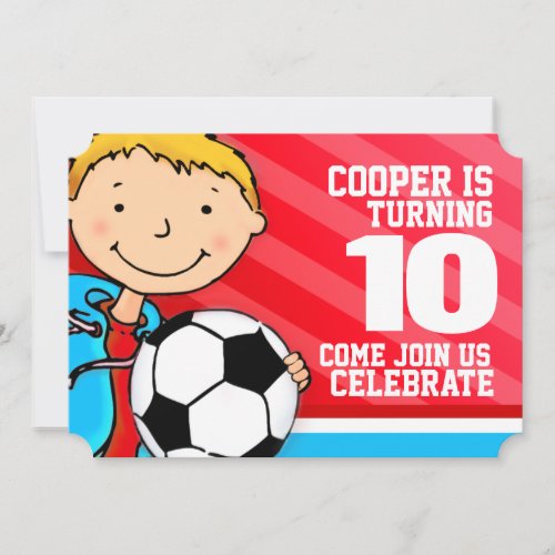 Kids soccer football 10th birthday red invite