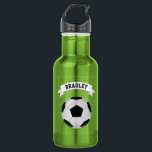 Kids Soccer Football | Personalized Water Bottle<br><div class="desc">Soccer themed water bottle featuring a lush green background,  a football pitch,  a soccer ball,  and a personalized name template in a white banner.</div>