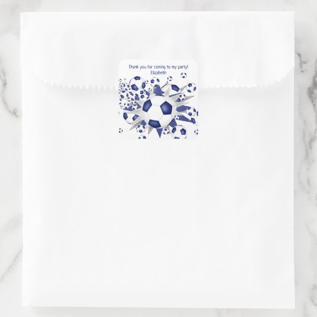 Kids soccer party blue soccer balls stars square sticker (Bag)