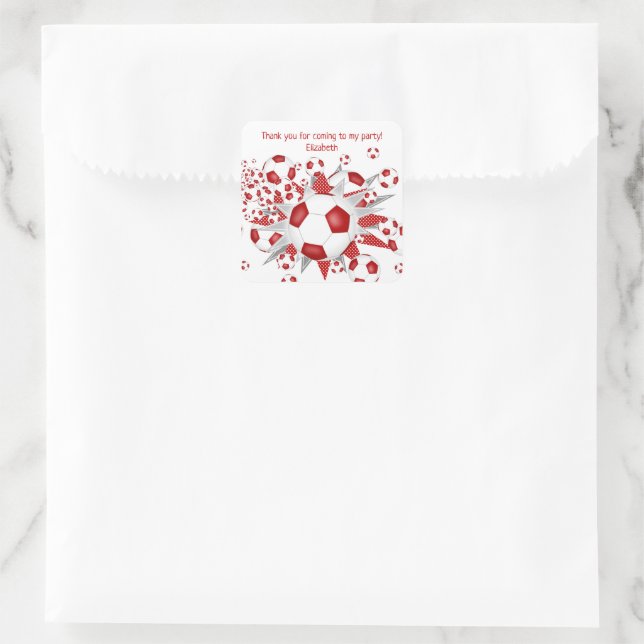 Kids soccer party red soccer balls stars square sticker (Bag)