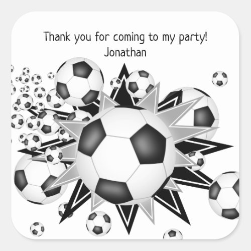 Kids soccer party soccer balls stars square sticker
