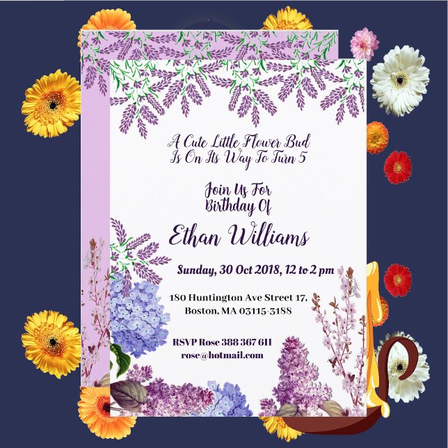Kids Soft Blue Pastel Bud Lilac Hydrangea Birthday Invitation (Kids Soft Blue Pastel Bud Lilac Hydrangea Birthday Invitation)