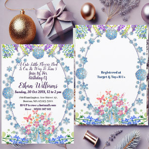 Kids Soft Oval Blue Little Flower Bud Birthday Invitation