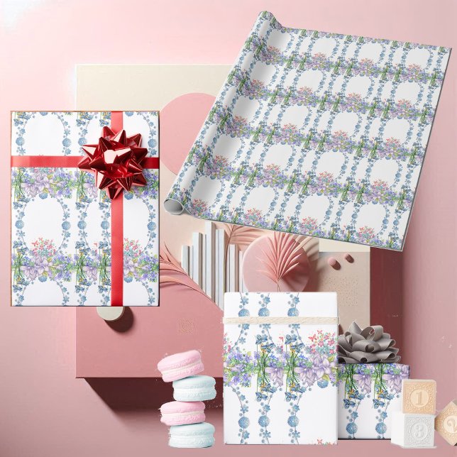 Kids Soft Pastel Blue Blooms Oval Floral Birthday Wrapping Paper (Kids Soft Pastel Blue Blooms Oval Floral Birthday Wrapping Paper)