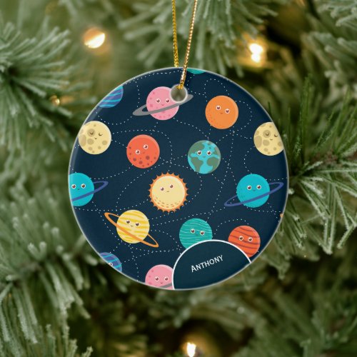 Kids Solar System Planets Pattern Blue Christmas Ceramic Ornament