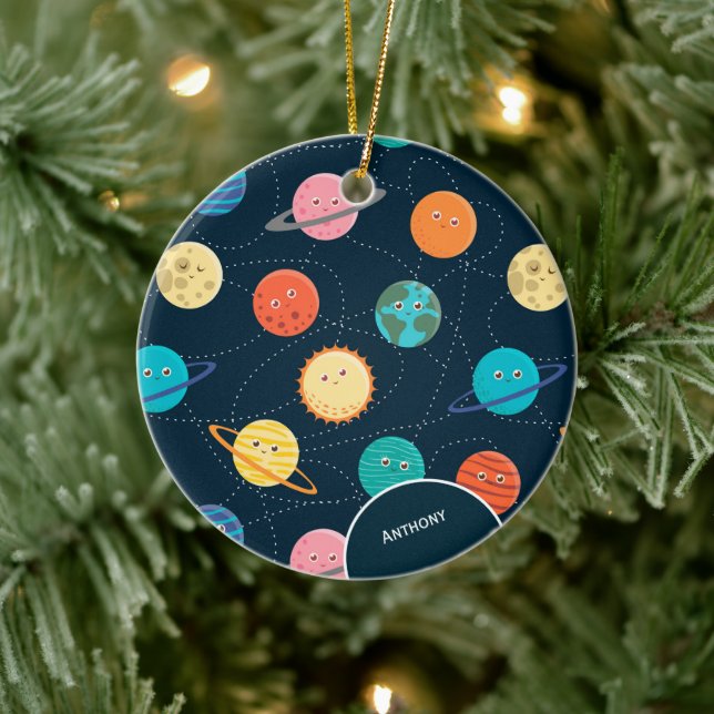 Kids Solar System Planets Pattern Blue Christmas Ceramic Ornament (Tree)