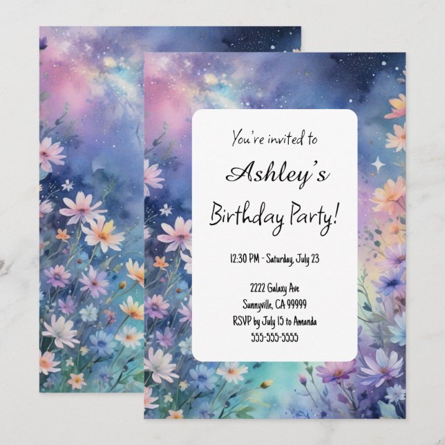 Kids Space Flower Themed Birthday Party  Invitation (Front/Back)