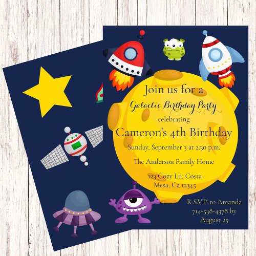 Kids Space Galaxy Planets Aliens Birthday Party Invitation