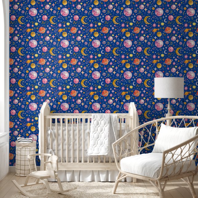 Kids space planet blue background peel and stick wallpaper  (Kids)