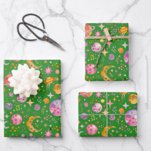 Kids space planet green color background  wrapping paper sheets