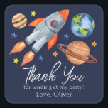 Kid's Space Theme Birthday Thank You Square Sticker<br><div class="desc">Kid's space theme birthday thank you sticker which can be personalized with the inclusion of your little one's name. This is a cute watercolor space themed sticker featuring a rocket ship, planets and stars. This is ideal as a party favor sticker or as an envelope seal for the thank you...</div>