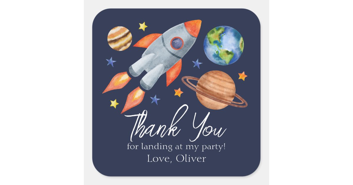 Kid's Space Theme Birthday Thank You Square Sticker | Zazzle