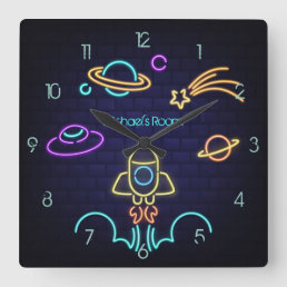 Kids Space Themed Neon Light Square Wall Clock