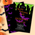 Kids Spooky Halloween Birthday Party Invitation<br><div class="desc">Are you searching for a fun spooky Halloween birthday party invitation that will give your guests goosebumps? Look no further than this invitation featuring green slime and purple bats on a black backdrop. Use the design tools to personalize the text,  font and colors. Also available as digital download.</div>