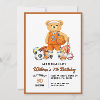 Kids Sports Any Age Bear Birthday Invitation