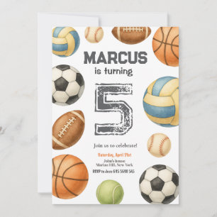 Kids Sports Ball Watercolor Birthday Party Invitation