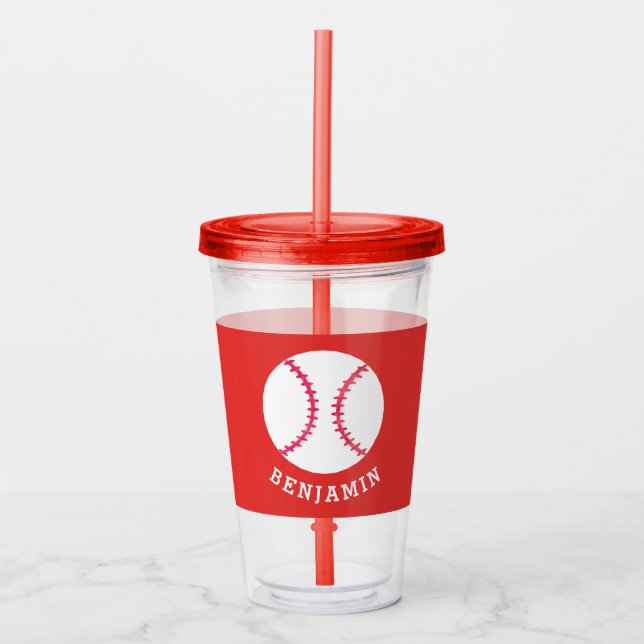 Kids Sports Baseball Athletic Personalized Red Acrylic Tumbler (Front)