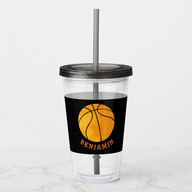 Kids Sports Basketball Athletic Personalized Black Acrylic Tumbler (Front)