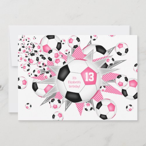 kids sports birthday pink black soccerball blowout announcement