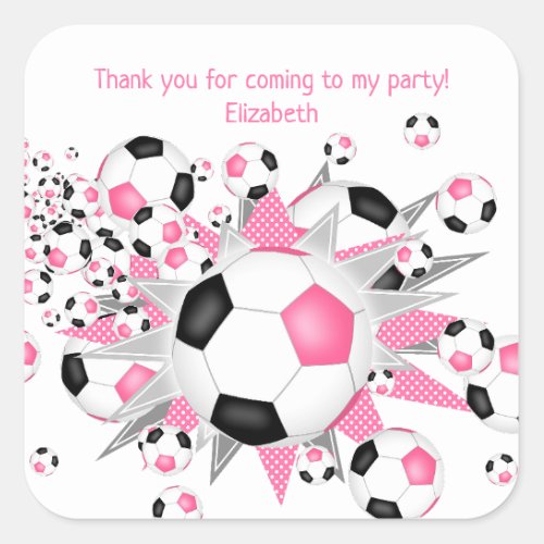 kids sports birthday pink black soccerball blowout square sticker