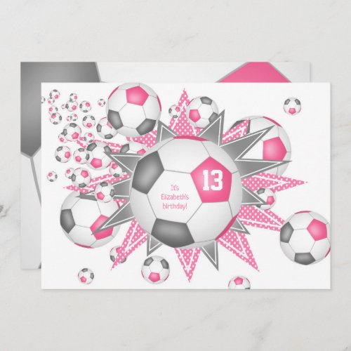 kids sports birthday pink gray soccer ball blowout announcement