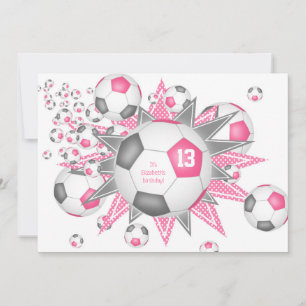 kids sports birthday pink gray soccer ball blowout announcement